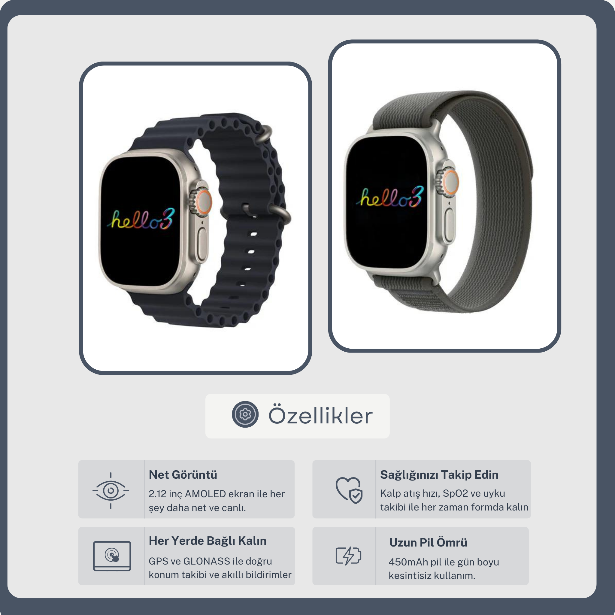 Hello Watch 3+ Plus Amoled Ekran (49MM) + Air Serisi Bluetooth Kulaklık - TRXTeknoloji